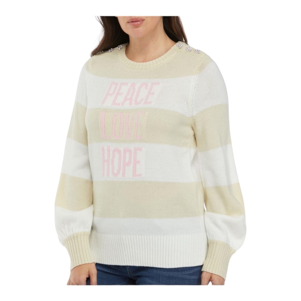 CROWN&IVY “Peace Love & Hope” L/S Bling Stripe Knit Sweater LARGE Pink/White